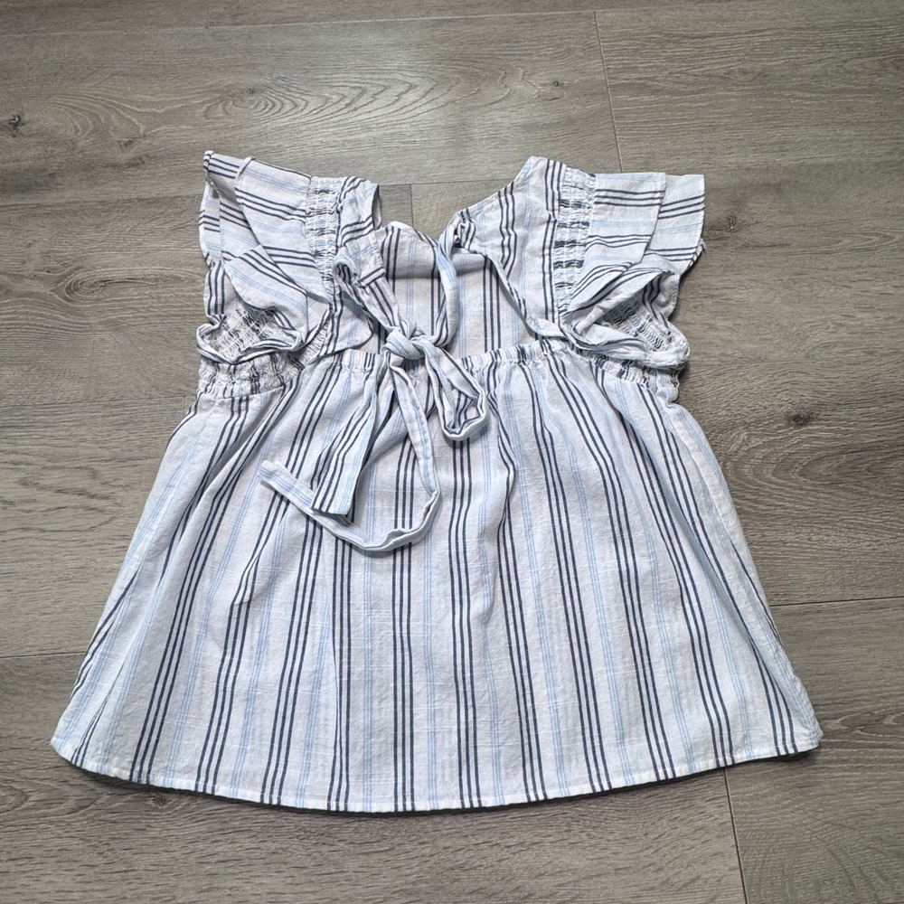 MINE Womens Blue White Striped Ruffle Sleeve Tie Back Cotton Blouse Top Medium - Picture 2 of 4